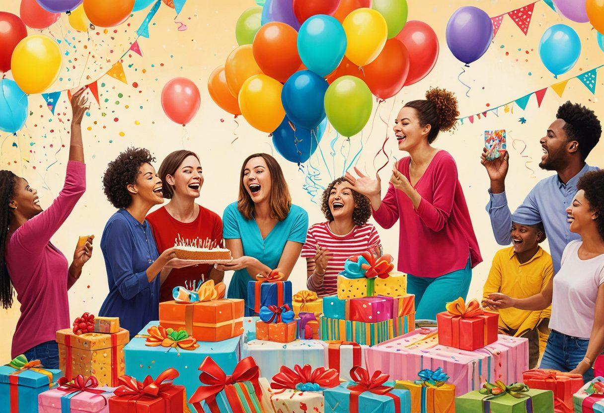 A whimsical collage showcasing a variety of joyful gifts like colorful wrapped presents, cheerful balloons, and festive decorations. Include a diverse group of happy people exchanging gifts, with radiant smiles and vibrant birthday cakes in the background. The scene should exude warmth, celebration, and joy, capturing the essence of happiness in gifting for every occasion. vivid colors. playful illustration. light and airy background.