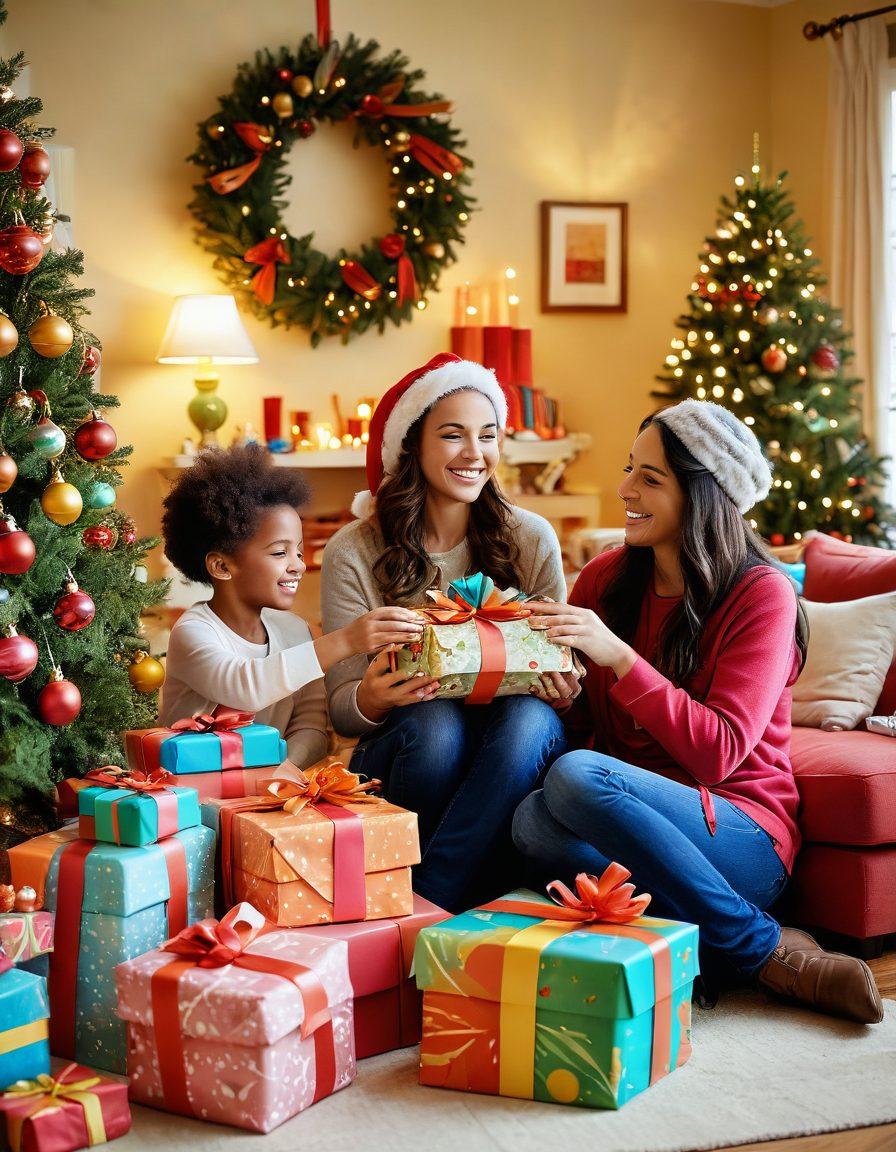 A cozy, beautifully decorated living room scene with a large gift box wrapped in colorful paper and a cheerful ribbon, surrounded by various presents in vibrant colors. Soft, warm lighting casts a festive glow on the scene, with holiday decorations and a small cake on a table in the background, hinting at a joyous celebration. Include a happy family gathered around, sharing smiles and laughter. festive illustration. bright colors. warm ambiance.