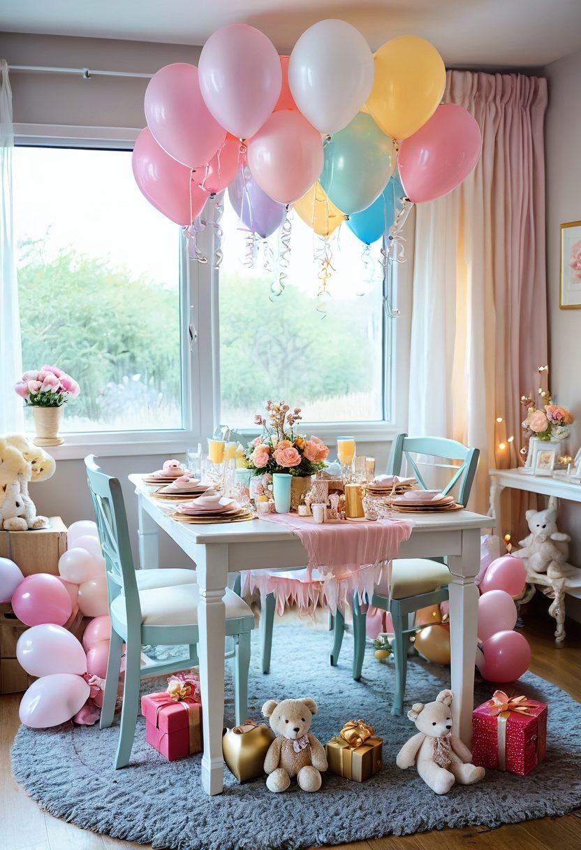 A whimsical scene depicting a beautifully decorated table filled with an array of festive gifts, showcasing a mix of baby shower items like soft toys and baby books, alongside elegant wedding gifts such as fine china and floral arrangements. Ethereal streamers and balloons hover overhead, creating a celebratory atmosphere. The background includes a cozy living room setting, adorned with pastel colors and sparkling fairy lights. soft pastel colors. vibrant and cheerful. whimsical style.